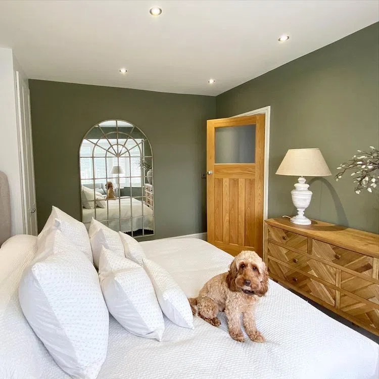 Классический интерьер спальни с зелеными стенами Treron