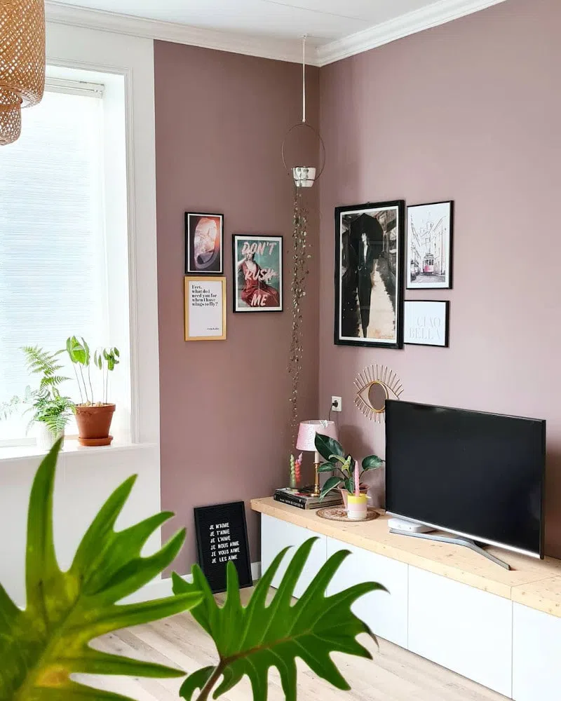 Гостиная с пыльно-розовыми стенами