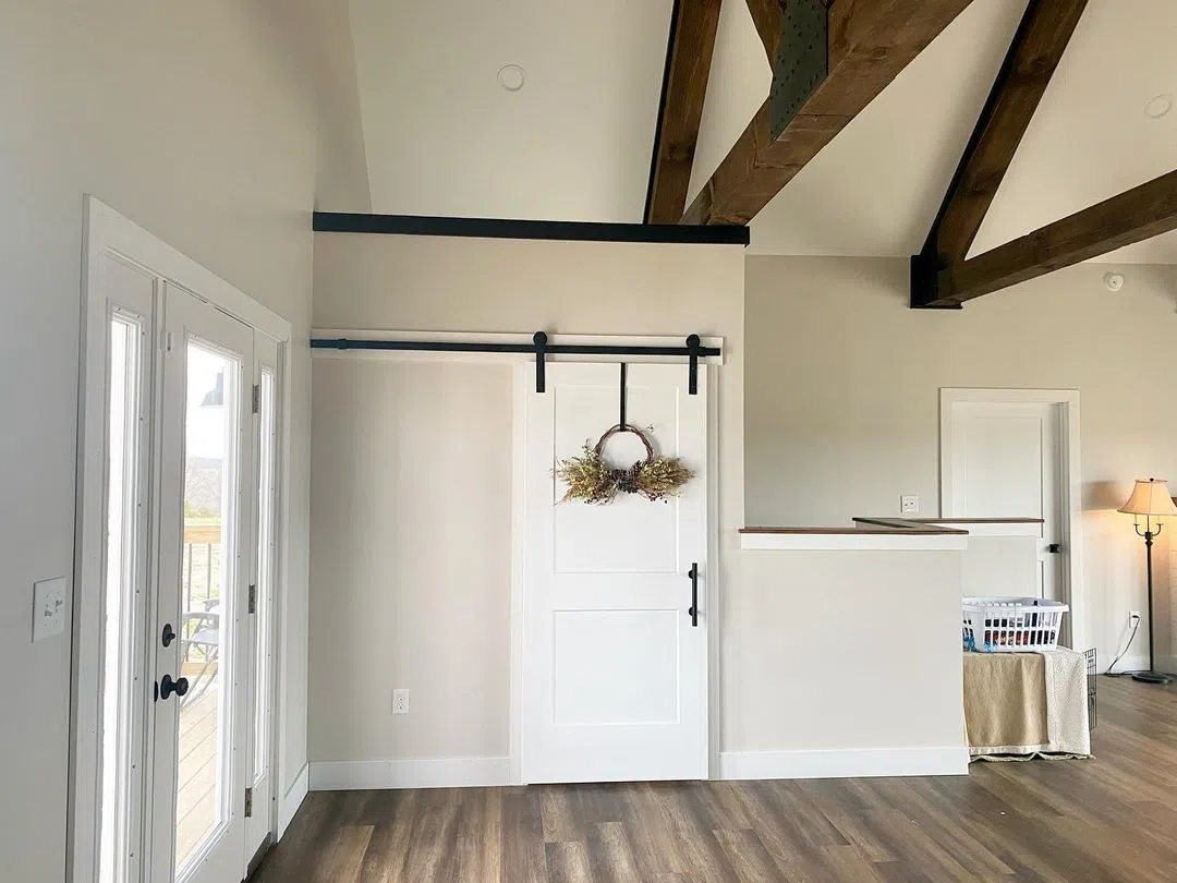 Гостиная со стенами greige Benjamin Moore Pale Oak