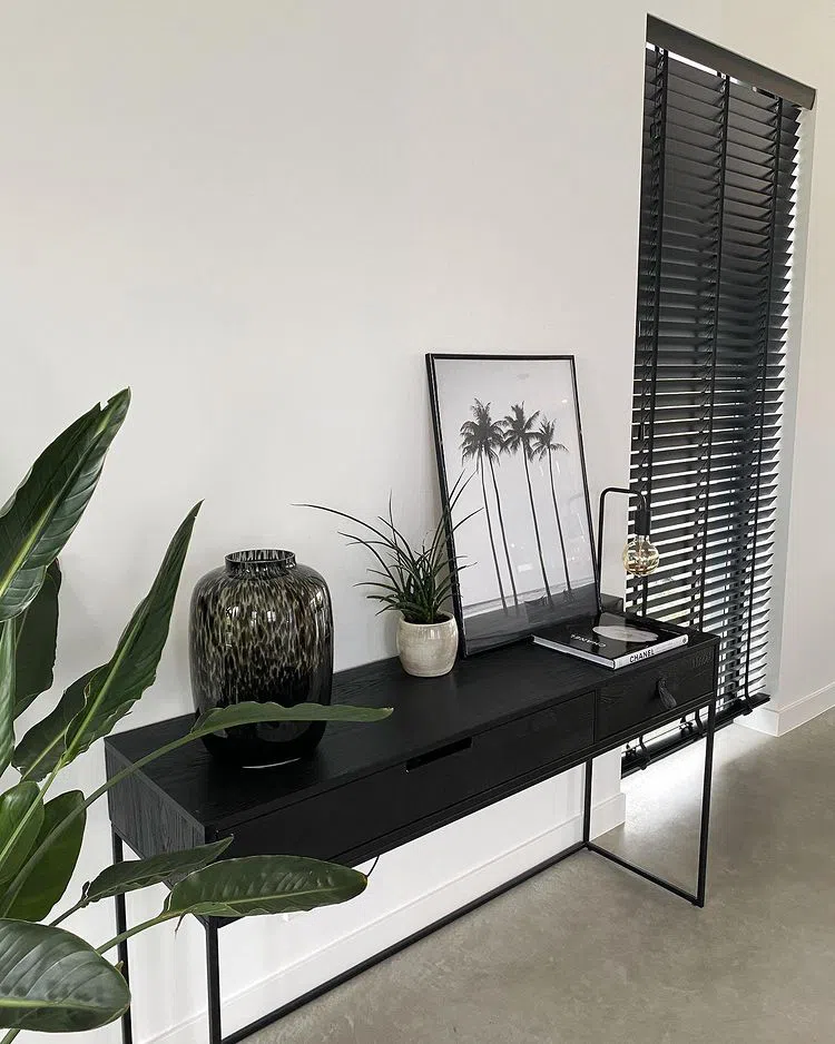 Пример интерьера с черной мебелью и белыми стенами RAL 9016