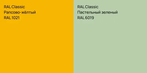 RAL 1021 Рапсово-жёлтый vs RAL 6019 Пастельный зеленый