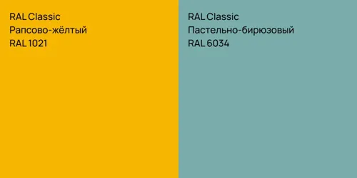 RAL 1021 Рапсово-жёлтый vs RAL 6034 Пастельно-бирюзовый