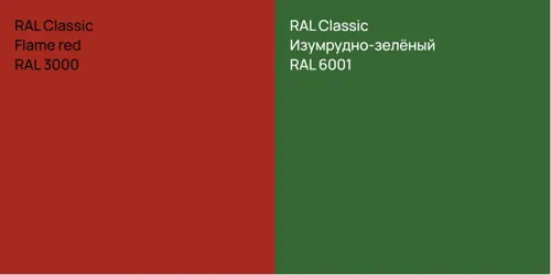 RAL 3000  Flame red vs RAL 6001 Изумрудно-зелёный