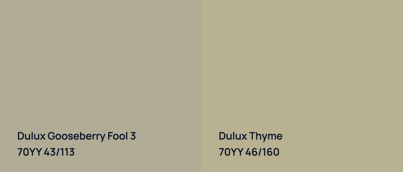 Dulux Gooseberry Fool 3 70YY 43/113 vs Dulux Thyme 70YY 46/160