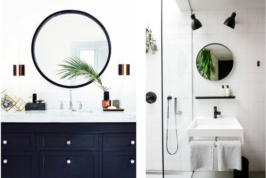 Примеры оформления ванной с чёрной тумбой и смесителями